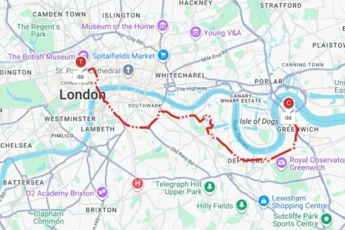Complete List of 188 Bus Stops Towards North Greenwich