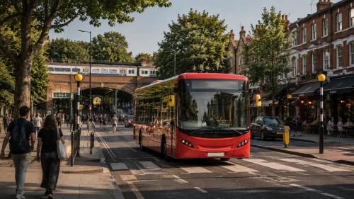 London bus travelling through leafy South London neighbourhoods with nearby rail connections.