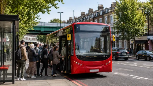 Modern London single-deck bus operating along a busy South London route.