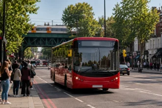 Modern London single-deck bus travelling through South London on a new limited-stop route.
