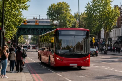 Modern London single-deck bus travelling through South London on a new limited-stop route.