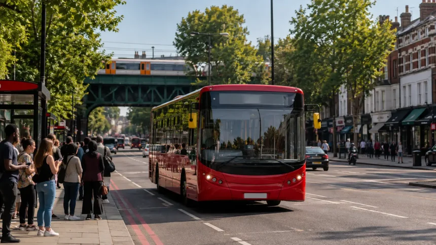 Modern London single-deck bus travelling through South London on a new limited-stop route.