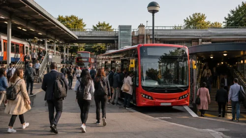 Passengers changing between London buses, trains and Underground services at a transport hub.