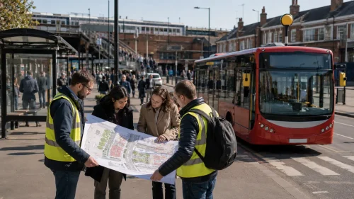 Transport planners reviewing future bus stop arrangements near a major London transport hub.